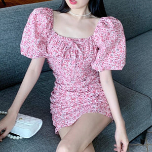 Sweet Flowers Print Mini Dress Summer Chic Women Square Collar Bandage Pleated Casual Ladies Short Sleeve Robe Vestido De Mujer