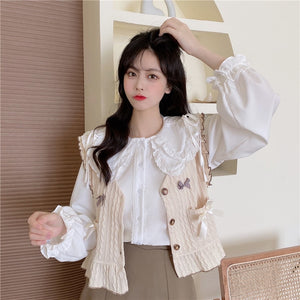 Sweet Fresh Peter Pan Collar Tops Long Sleeve Elegant Cute Lace Shirts Women Single Breasted Flower Blouses Spring Mori Girl