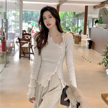 Load image into Gallery viewer, Sweet Fungus Edge Ruched Pullover Women 2022 Crew Neck Chic Designed Slim Tops Diamond Bow Fashion Irregular Jumper Spring
