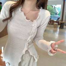 Load image into Gallery viewer, Sweet Fungus Edge Ruched Pullover Women 2022 Crew Neck Chic Designed Slim Tops Diamond Bow Fashion Irregular Jumper Spring
