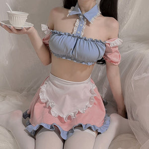 Sweet Kawaii Maid Cosplay Costume Temptation Cos Sexy Pajamas Lolita Women Lace Ruffles Bunny Girl with Apron Lovely Lingerie