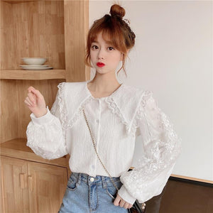 Sweet Lace Patchwork Doll Collar Puff Sleeve Shirt Female Cute All-match Spring Autumn 2021 New Slim Shirts Office Ladies Top