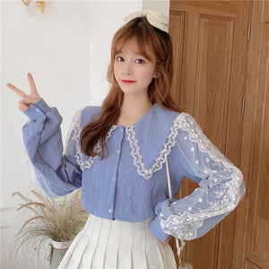 Sweet Lace Patchwork Doll Collar Puff Sleeve Shirt Female Cute All-match Spring Autumn 2021 New Slim Shirts Office Ladies Top