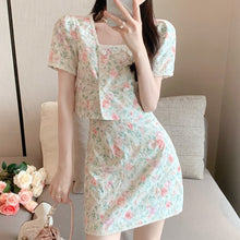 Load image into Gallery viewer, Sweet Lace Skirts Suits Age-reducing Square Collar Embroidery Small Print Short Top + Vintage Floral A-line Skirt Two Piece Sets