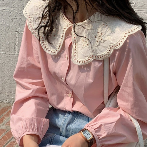 Sweet Lace Stitching Doll Collar Shirt Women Korean Puff Sleeve Single Breasted Blouse Tops Women Spring Autumn Blusas Mujer