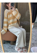 Load image into Gallery viewer, Sweet Lace Up Striped Sweater Women 2021 Autumn New Design Loose Knitted Cropped Tops Female Elegant All-match Pullovers Trendy