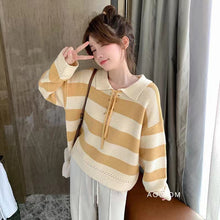 Load image into Gallery viewer, Sweet Lace Up Striped Sweater Women 2021 Autumn New Design Loose Knitted Cropped Tops Female Elegant All-match Pullovers Trendy