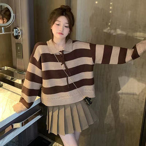Sweet Lace Up Striped Sweater Women 2021 Autumn New Design Loose Knitted Cropped Tops Female Elegant All-match Pullovers Trendy
