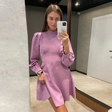 Load image into Gallery viewer, Sweet Lantern Sleeve Mini Dress Women Half High Collar Long Sleeve Dress Ladies Solid A Line Party Dress 2021 Fashion Autumn New