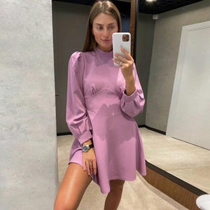 Sweet Lantern Sleeve Mini Dress Women Half High Collar Long Sleeve Dress Ladies Solid A Line Party Dress 2021 Fashion Autumn New