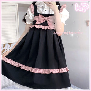 Sweet Lolita Dress Japanese Woman All Match Spaghetti Strap Bow Dresses Spring Uniform Fungus Black Kawaii Vestidos Mori Girl