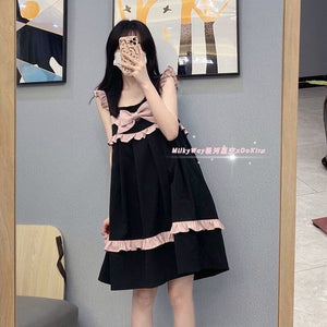 Sweet Lolita Dress Japanese Woman All Match Spaghetti Strap Bow Dresses Spring Uniform Fungus Black Kawaii Vestidos Mori Girl