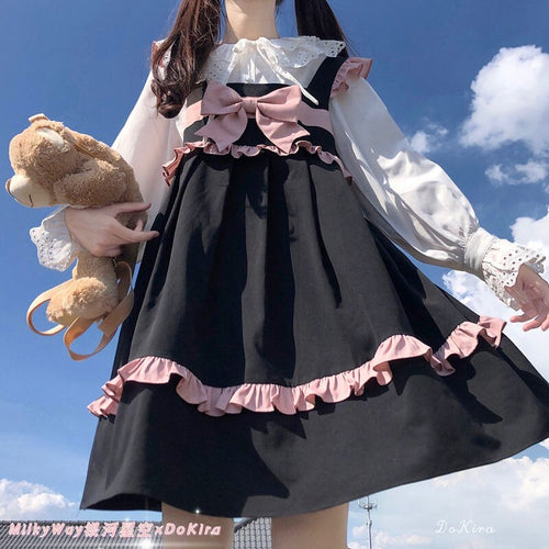 Sweet Lolita Dress Japanese Woman All Match Spaghetti Strap Bow Dresses Spring Uniform Fungus Black Kawaii Vestidos Mori Girl