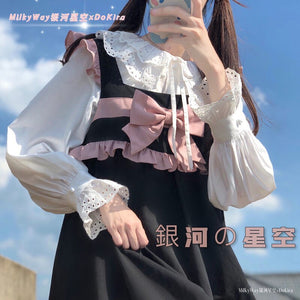 Sweet Lolita Dress Japanese Woman All Match Spaghetti Strap Bow Dresses Spring Uniform Fungus Black Kawaii Vestidos Mori Girl