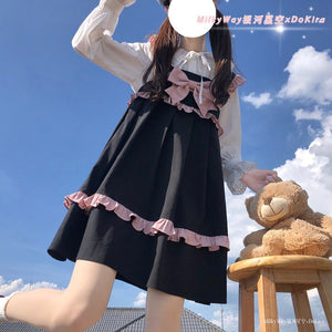 Sweet Lolita Dress Japanese Woman All Match Spaghetti Strap Bow Dresses Spring Uniform Fungus Black Kawaii Vestidos Mori Girl