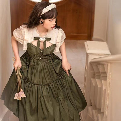 Sweet Lolita Princess Dress Woman Summer Japan Style Army Green Beading Puff Sleeve Mori Girl Dresses Vintage Vestido Curto