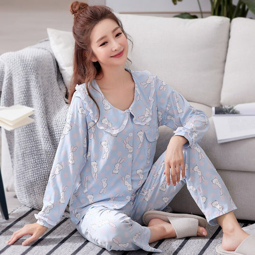 Sweet Maternity Nursing Nightwear 100% Cotton Breastfeeding Sleepwear For Pregnant Women Autumn Pregnancy Pajamas Night Wear Set