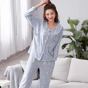 Sweet Maternity Nursing Nightwear 100% Cotton Breastfeeding Sleepwear For Pregnant Women Autumn Pregnancy Pajamas Night Wear Set