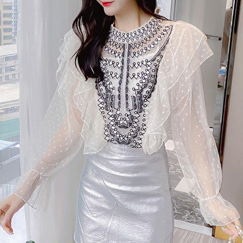 Sweet Patchwork Bowknot Denim Shirts For Women Summer Peter Pan Collar Short Sleeve Slim Casual Blouse Female Fashion New 2021