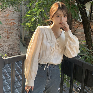Sweet Peter Pan Collar Woman Shirt Spring Autumn Loose Casual Vintage Korean Style Women Blosue Elegant Office Lady Blusas Mujer