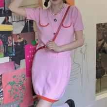 Load image into Gallery viewer, Sweet Pink Knitted Two Piece Sets Women Fashion O-neck Knit Tops + Elastic Waist Skirt Korean Style Ensembles Femme Skirts Suits