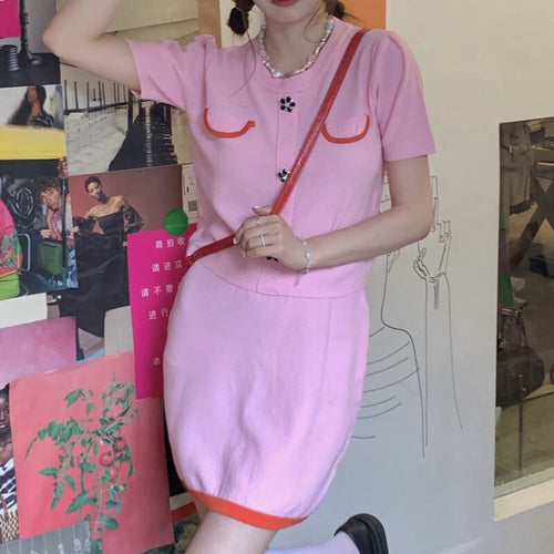 Sweet Pink Knitted Two Piece Sets Women Fashion O-neck Knit Tops + Elastic Waist Skirt Korean Style Ensembles Femme Skirts Suits