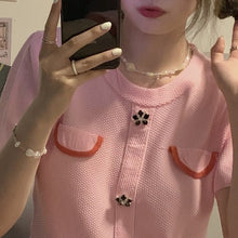 Load image into Gallery viewer, Sweet Pink Knitted Two Piece Sets Women Fashion O-neck Knit Tops + Elastic Waist Skirt Korean Style Ensembles Femme Skirts Suits