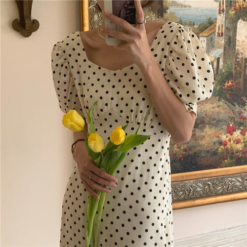 Sweet Polka Dot Short-sleeve Women Dress Square Neck Elegant Slim Waist Chiffon Femme Robe Simple A Line Party Runway Vestidos
