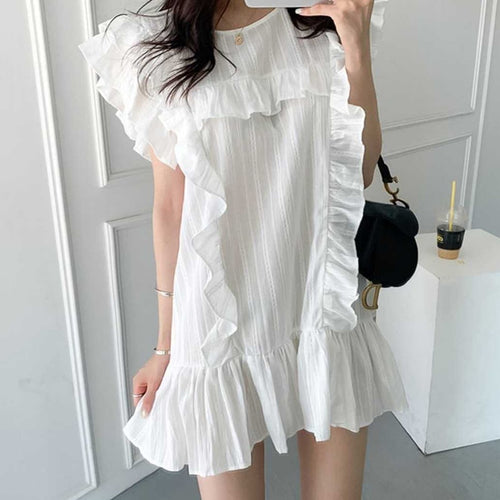 Sweet Ruffles Stitching O Neck Dress Women Design Flying Sleeves Elegant Feminino Office Lady Dress Simple White Mini Vestidos