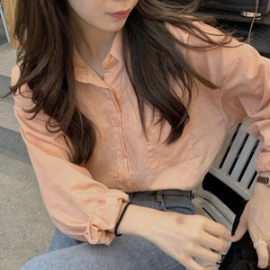 Sweet Single Breasted Back Lace Up Woman Shirt Simple Solid Color Loose Casual Blouse Korean Style Chic All Match Blusas Mujer