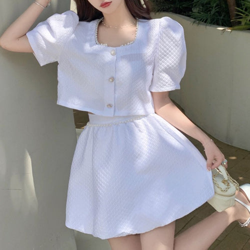 Sweet Skirt Suits Small Fragrant Pattern Jacquard Pearl Decoration Top + Elastic Waist Skirt Female Korean Fashion Two-piece Set