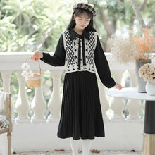 Load image into Gallery viewer, Sweet Small Clear New Two Piece Set Women Fall Dress Suit Long Sleeve Knitted Vest+Black Pable Skirt Art Retro Dress Set Leisure