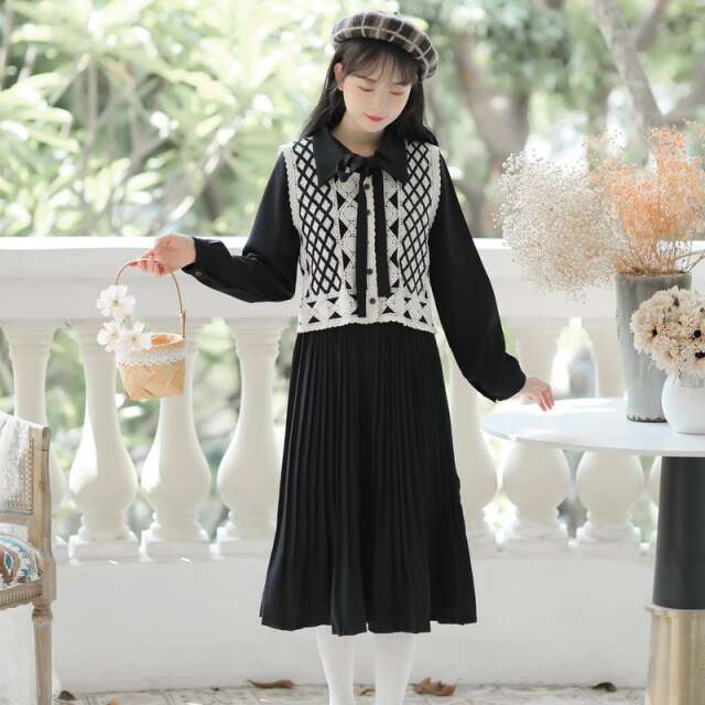 Sweet Small Clear New Two Piece Set Women Fall Dress Suit Long Sleeve Knitted Vest+Black Pable Skirt Art Retro Dress Set Leisure