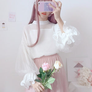 Sweet Solid Fairy Blouses Mori Girls 2022 Stand Collar Vintage Ruffles Tops Flare Sleeve Elegant Japanese Shirts Spring Women