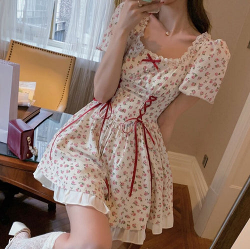 Sweet Square Neck Floral Dress Women Summer 2022 New Korean Style Vintage Slim Waist Robe Femme Elegant Party Fairy Vestidos