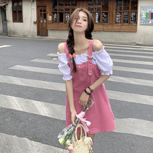 Sweet Summer Dress 2021 Pink Fake Two Pieces Casual Vintage Dress  A-line Dress