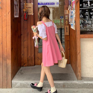 Sweet Summer Dress 2021 Pink Fake Two Pieces Casual Vintage Dress  A-line Dress