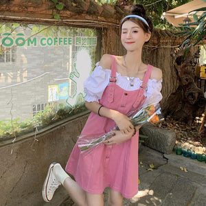 Sweet Summer Dress 2021 Pink Fake Two Pieces Casual Vintage Dress  A-line Dress