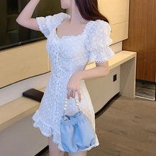 Load image into Gallery viewer, Sweet Summer Dresses 2021 French Vintage Embroidery Dress Sexy Off Shoulder Jacquard Embroidered Waist Slimming Lace Up Vestidos