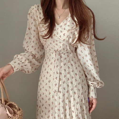 Sweet V-neck Floral Printing Dress Women Bandage Waist Slim Lantern Sleeve Chiffon Pleated Dress Vestidos Elegant Korean Robe