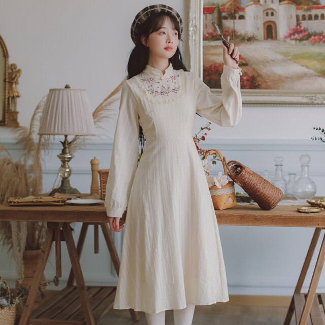 Sweet Vintage Dresses Autumn Fairy Vestidos 2021 Lotus Leaf Splicing Stand Collar Embroidery Dress Feminas Gentle Apricot Dress