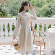 Load image into Gallery viewer, Sweet Vintage Dresses Autumn Fairy Vestidos 2021 Lotus Leaf Splicing Stand Collar Embroidery Dress Feminas Gentle Apricot Dress