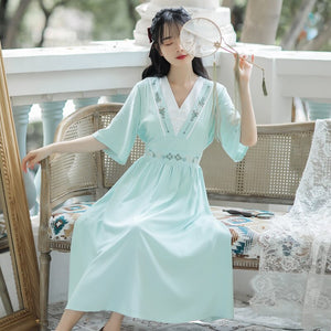 Sweet vintage Embroidered Dresses For Women 2021 Summer Improved Literary Retro Hanfu Ladies Short Sleeve Vestido