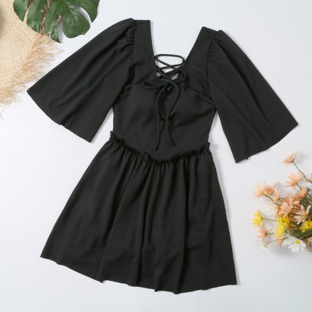 Swim Suit for Women One Piece Black Swimwear Short Sleeve Plus Size L-4XL Conservative Swimsuit Female Swim Dress Bathing Suit