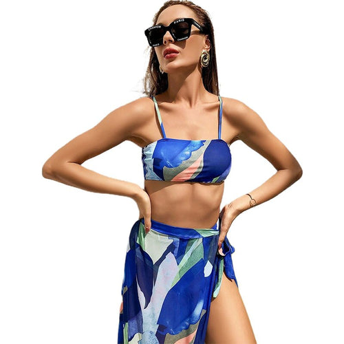 Swimsuit Separate Sports women's Swimwear Bikini 2021 Closed Blue Printing Thin Sling Strapless
