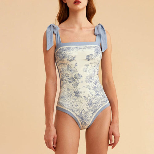 Swimwear 2022 Blue Strap Swimsuits Square Neck Double Sided Print Bikini High Waist One Piece Vintage Elegant Stylish