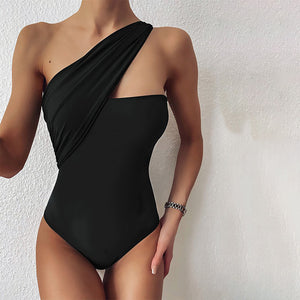 Swimwear Plus Size women sexy swimsuit new one-shoulder one-piece solid color swimming one piece girl female S-2XL Green Black