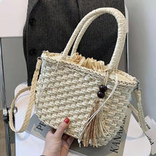 Load image into Gallery viewer, Tecido balde de palha sacos de ombro  verão palha crossbody saco designer bolsa feminina viagem praia férias tricô tote