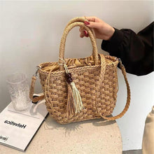 Load image into Gallery viewer, Tecido balde de palha sacos de ombro  verão palha crossbody saco designer bolsa feminina viagem praia férias tricô tote