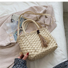 Load image into Gallery viewer, Tecido balde de palha sacos de ombro  verão palha crossbody saco designer bolsa feminina viagem praia férias tricô tote